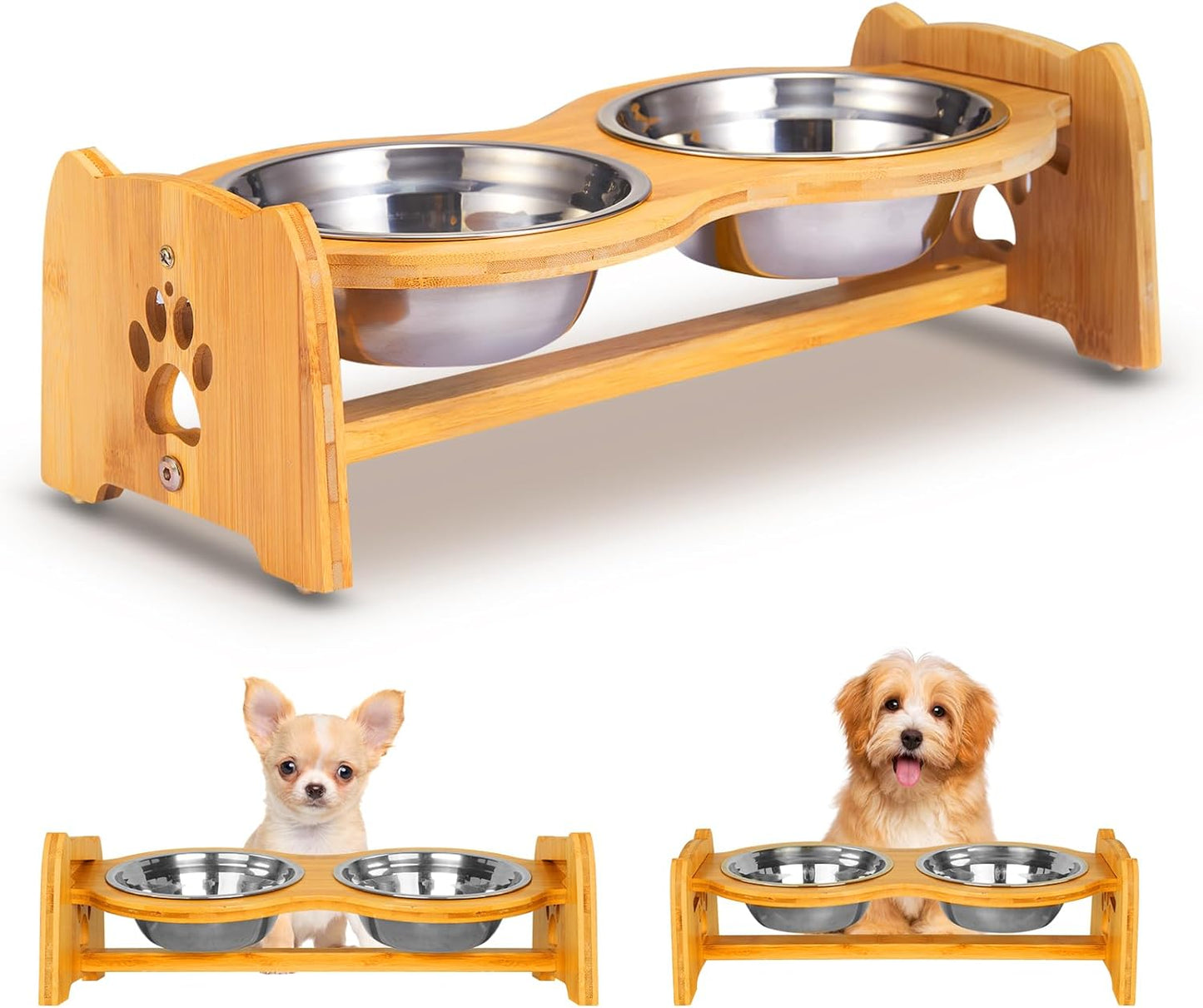 Adjustable Bamboo Elevated Dog Bowls with Anti-Slip Feet for Cats and Small Dogs, Complete Feeding Set with Two Stainless Steel Bowls (Height Adjustable 4" to 4.5")