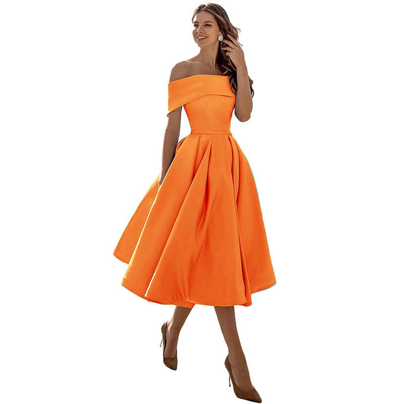 Women's Fashion Casual Strapless Satin Party Dress Off The Shoulder Tea Length Satin Prom Dresses With Pockts Formal Evening Party Dress