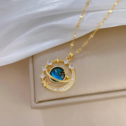Exquisite Starry Sky Planet Light Necklace - Luxurious Stainless Steel Clavicle Chain with Stars And Moon Design for Versatile S