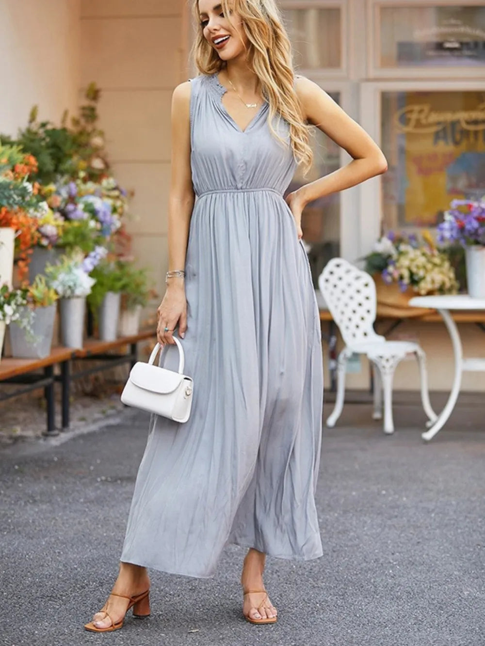 V-neck sleeveless vest dress women's high waisted elegant gray long skirt
