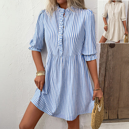 European and American women's vertical striped shirt dress