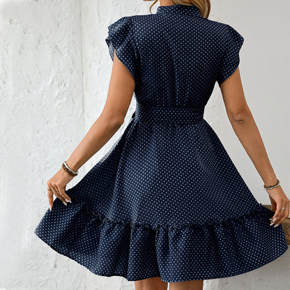 Summer elegant wave point lotus leaf sleeves A-line skirt with lace up mid skirt
