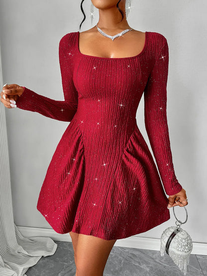 Long sleeved square neck dress sexy dress solid color autumn