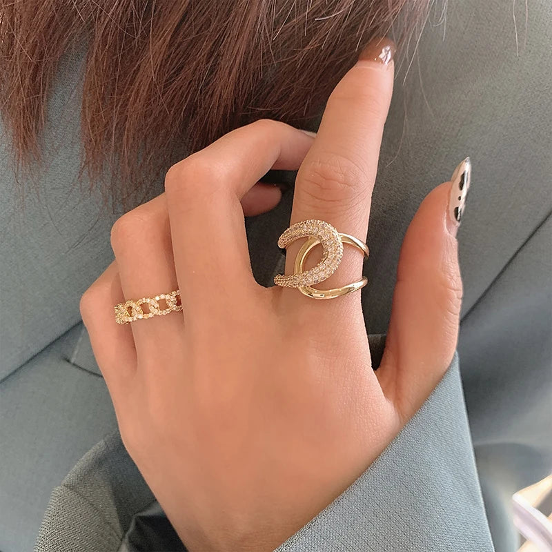 2020 New Metal Zircon Cross Gold Color Open Rings Fashion Korean Jewelry For Woman Luxury Wedding Party Girl's finger Unusual