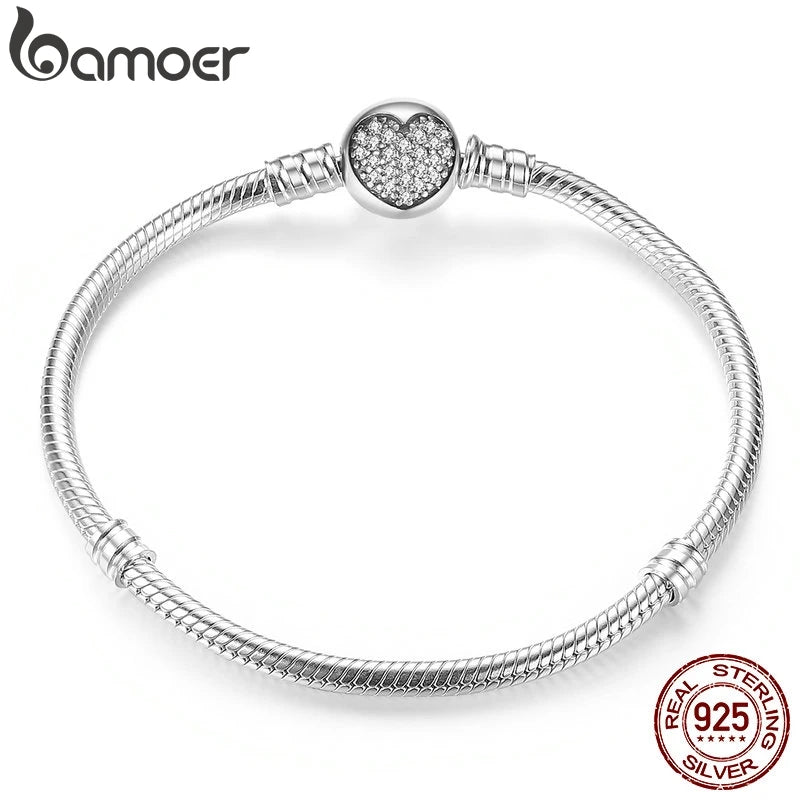 BAMOER Authentic 100% 925 Sterling Silver Classic Snake Chain Bangle & Bracelet for Women Pave Setting CZ Fine Jewelry PAS916