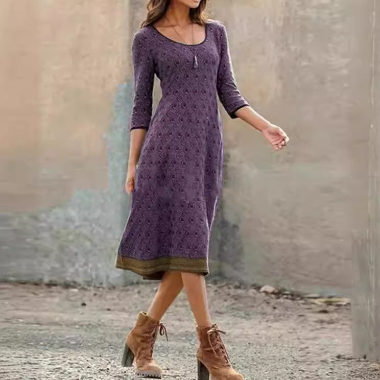 Retro Slim-fitting Patchwork Round Neck Dress