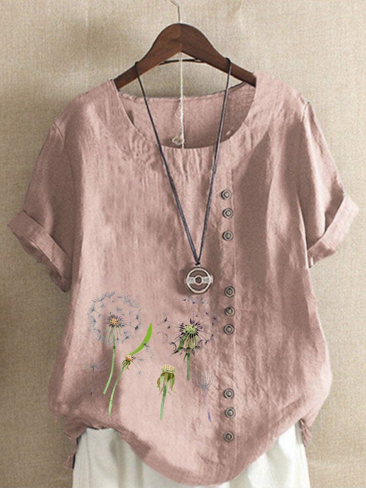 Artistic Retro Cotton And Linen Printed Casual Shirt Women's Top