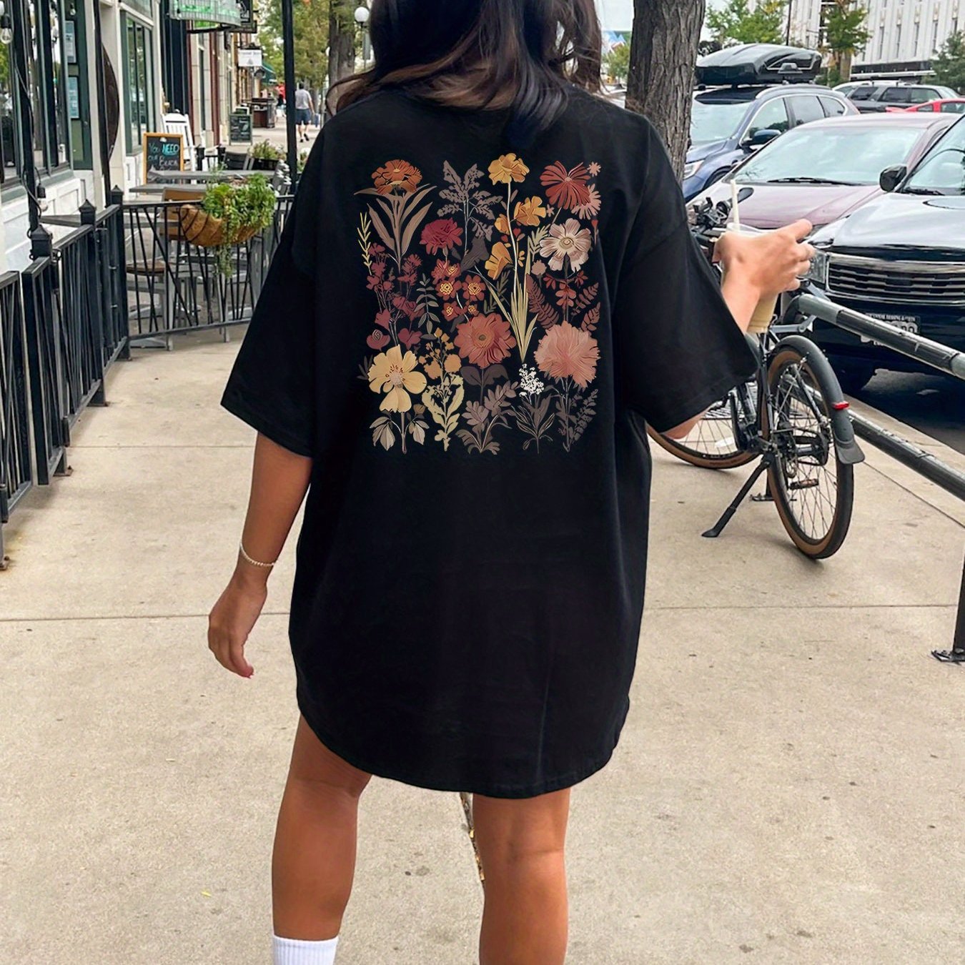 Floral Print Crew Neck Tee Dress Casual Short Sleeve Dress