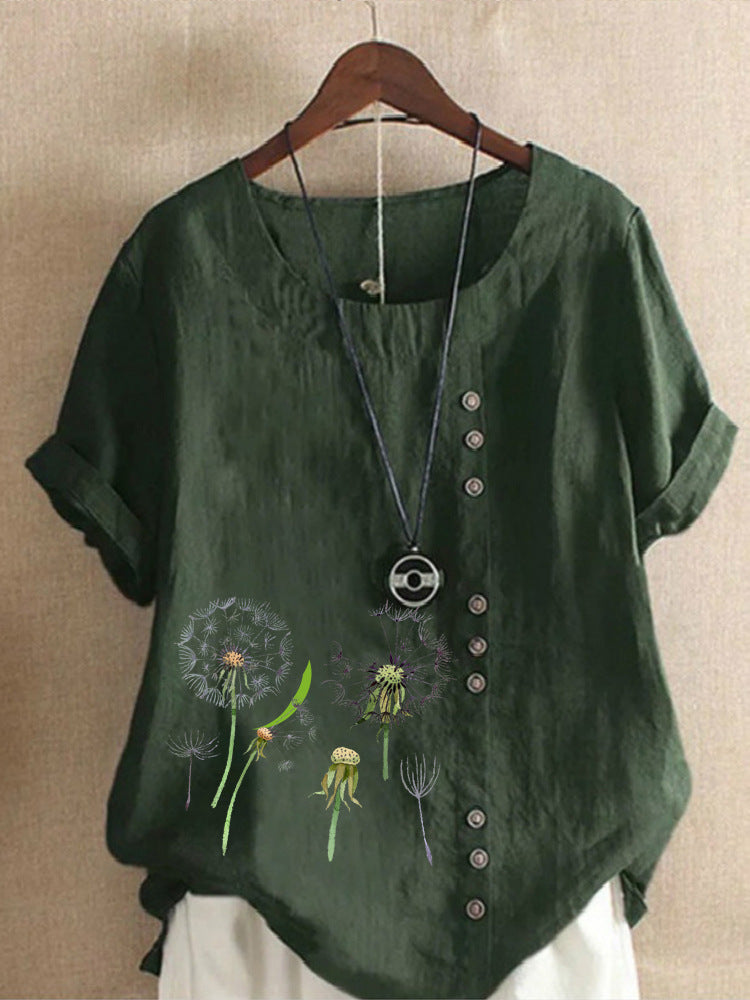 Artistic Retro Cotton And Linen Printed Casual Shirt Women's Top