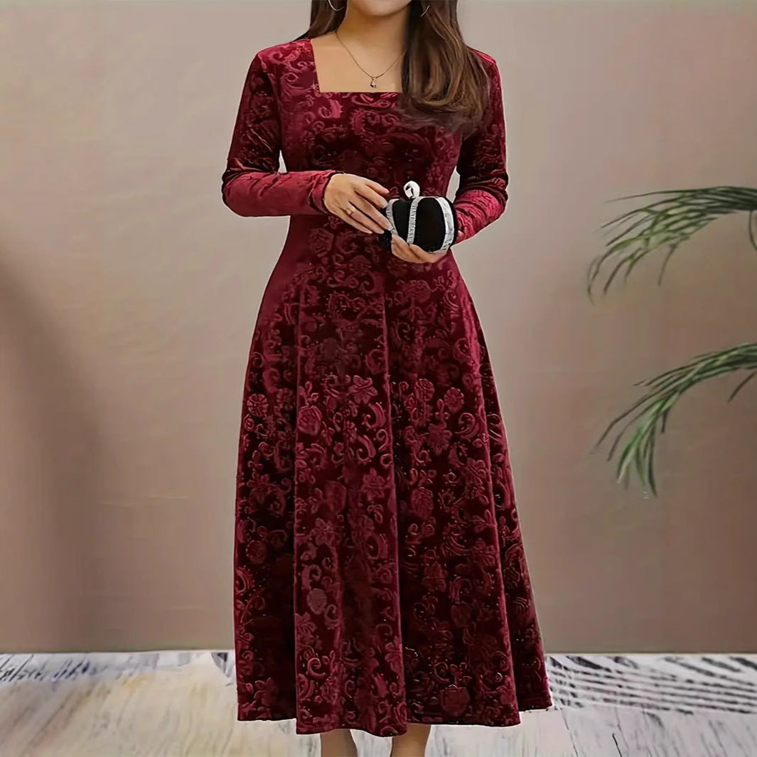 New Elegant Pure Color Jacquard Long Sleeve Square-neck Dress