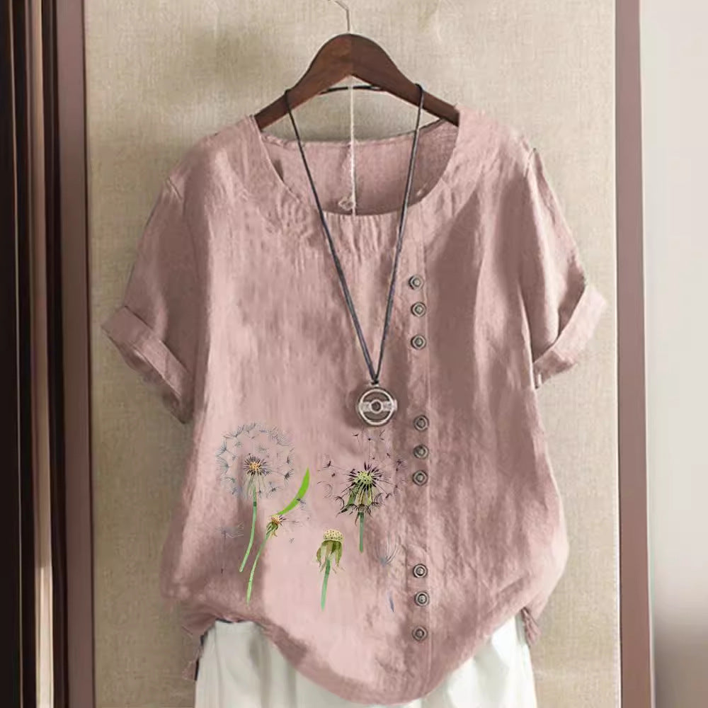 Artistic Retro Cotton And Linen Printed Casual Shirt Women's Top