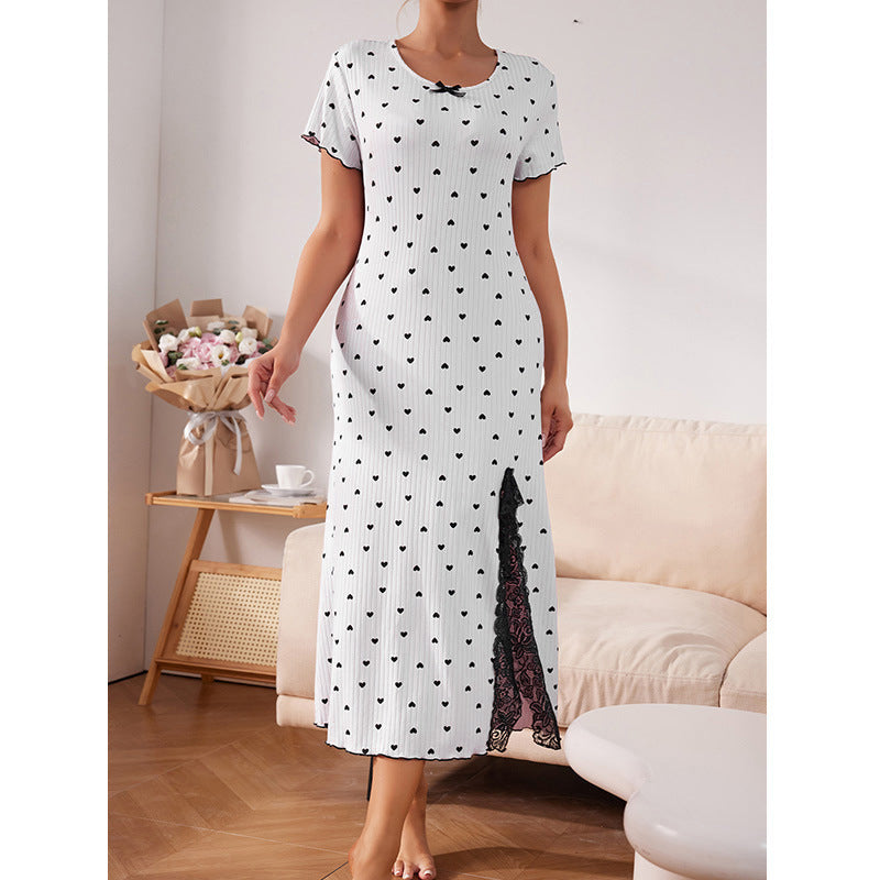 Round Neck Short Sleeve Love Plus Size Slit Mid-length Dress