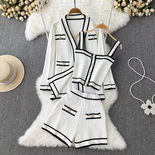 Socialite Temperament Contrast Color V-neck Knitted Cardigan Suit