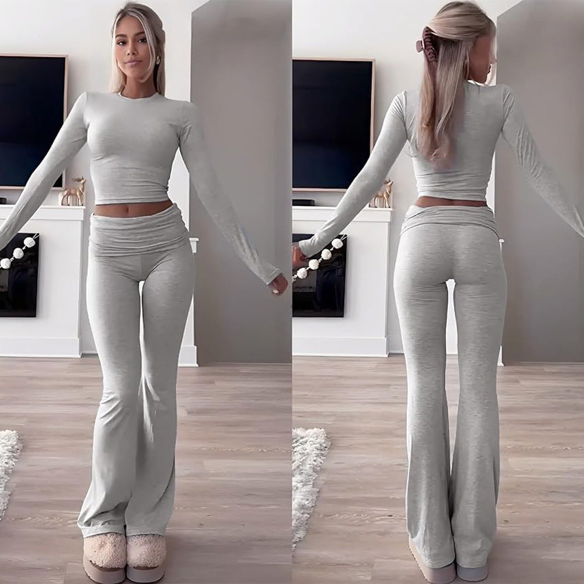 Round Neck Long Sleeve Low Waist Bell-bottom Pants Sportswear Suit