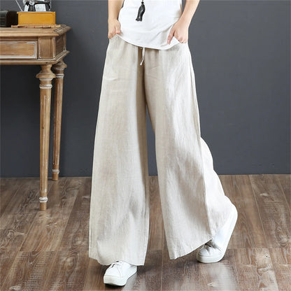 Solid Color Cotton Linen Wide Leg Pants Women Casual Vintage Harajuku Boho Ladies Trousers Hip Hop Oversized Streetwear Female