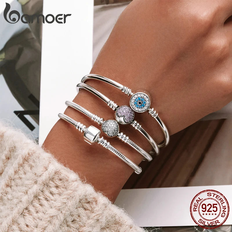 BAMOER Authentic 100% 925 Sterling Silver Classic Snake Chain Bangle & Bracelet for Women Pave Setting CZ Fine Jewelry PAS916