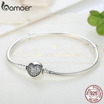 BAMOER Authentic 100% 925 Sterling Silver Classic Snake Chain Bangle & Bracelet for Women Pave Setting CZ Fine Jewelry PAS916