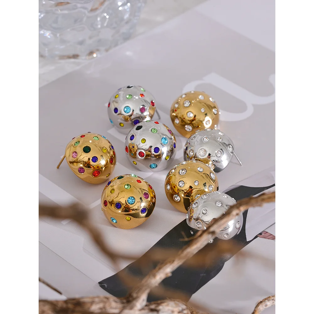 Yhpup Colorful Bling Cubic Zirconia Stainless Steel Half Round Half Empty Stud Earrings High-Grade Luxury Trendy Jewelry Gift