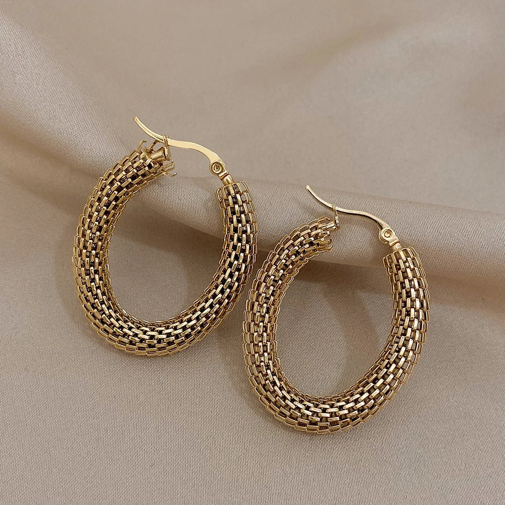 FLASHBUY Stainless Steel Gold Color Geometric Metal Mesh Earrings For Women Girls New Trend Hoop Ear Jewelry Gift