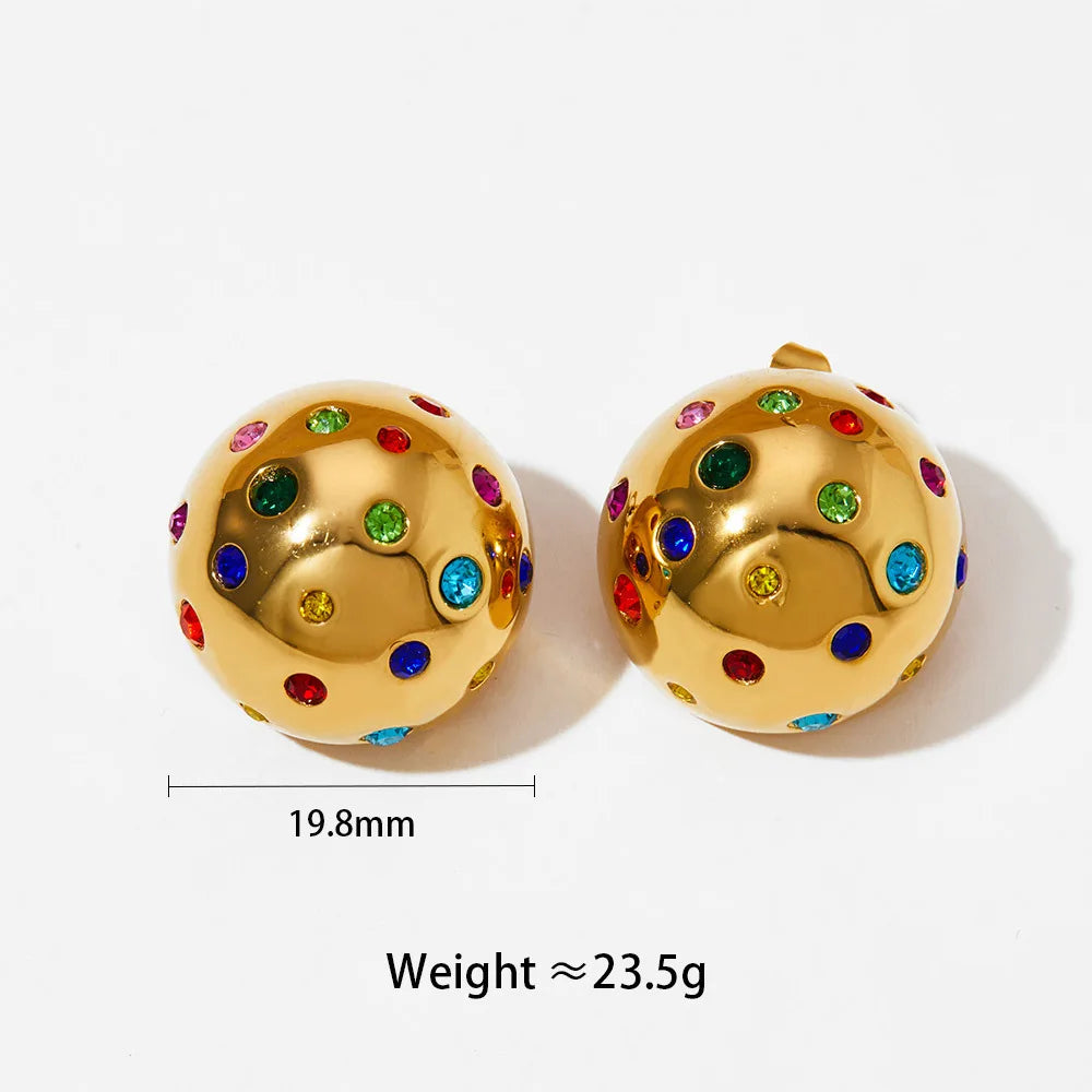 New Stainless Steel Round Shape Stud Earrings For Women Shiny Rhinestone Gold Plated Polished Hoops Ear Buckle Wed Jewelry