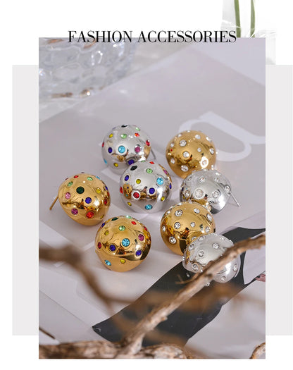 Yhpup Colorful Bling Cubic Zirconia Stainless Steel Half Round Half Empty Stud Earrings High-Grade Luxury Trendy Jewelry Gift