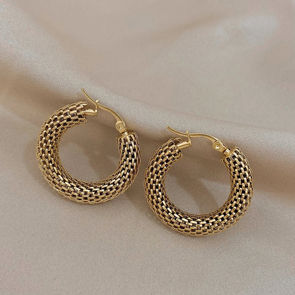 FLASHBUY Stainless Steel Gold Color Geometric Metal Mesh Earrings For Women Girls New Trend Hoop Ear Jewelry Gift