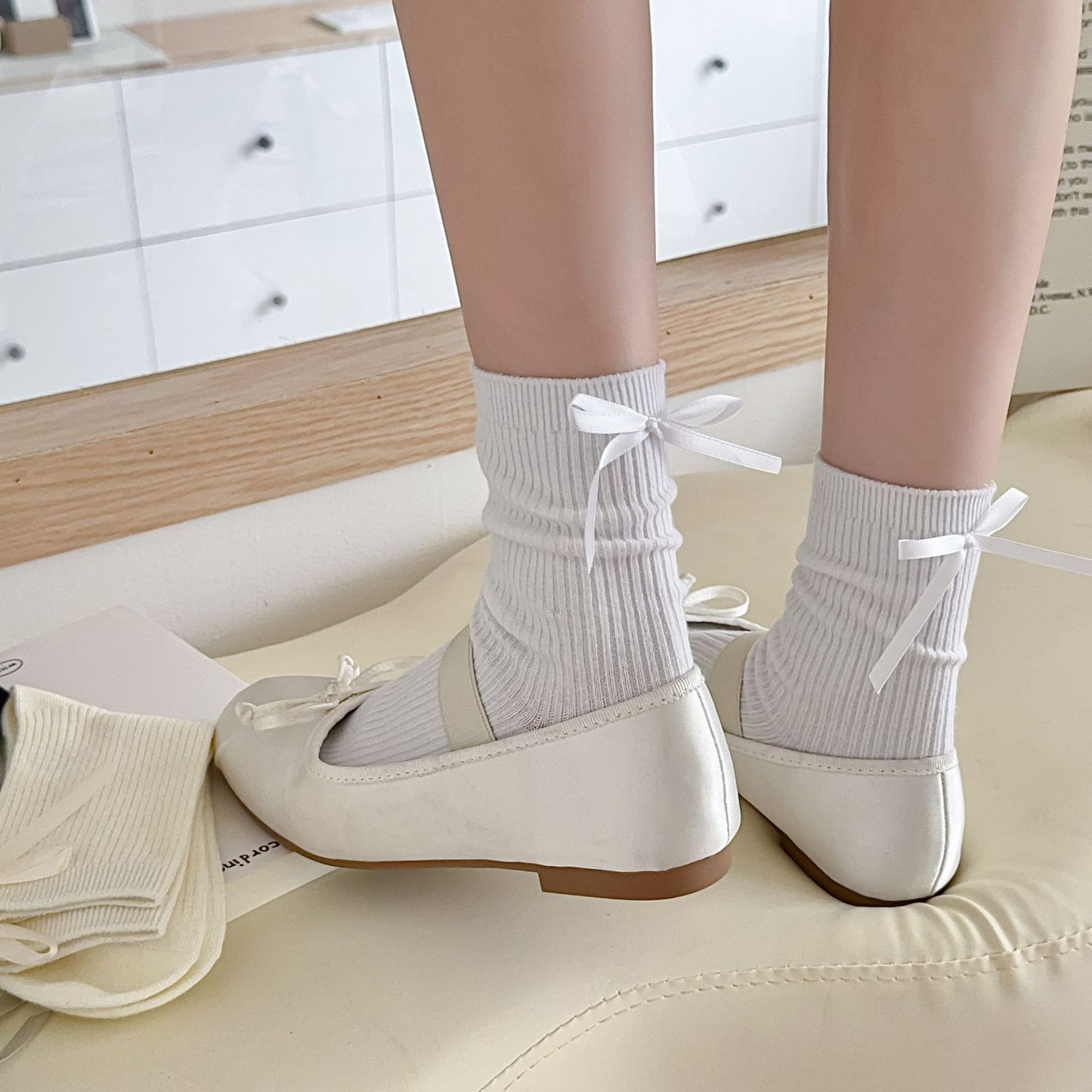 Heel Bow Socks For Women Middle Tube Pure Cotton Spring And Autumn