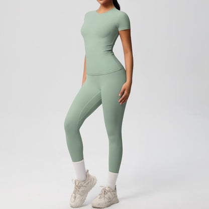 European And American Sports Nude Feel Skin-friendly Solid Color Sports T-shirt Stretch Short Sleeve Yoga Pants High Waist Workout Suit Women