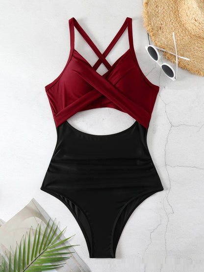 Sexy Cutout Cross Color Matching Swimsuit