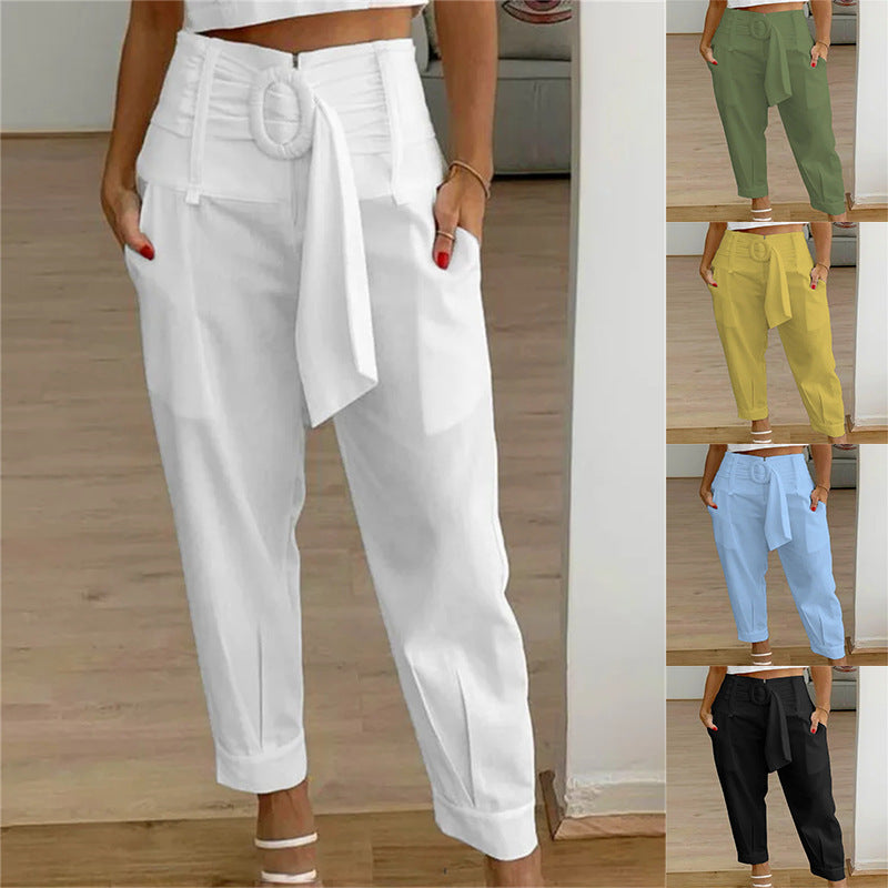 Women's Fashion Casual High Waist Straight Tapered Seventh Pants