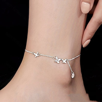 S925 Sterling Silver Butterfly Zircon Anklet Flower Tassel