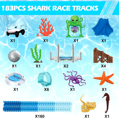 Track Toys Shark Race Car Toy for Boys Girls Age 3+ Bendable Flexible Racetrack Cars Ocean Train Toy STEM Educate Kid Set