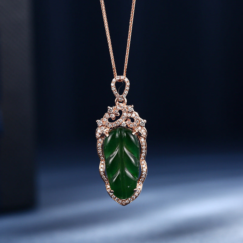 Jadeite Necklace With Gold Inlaid Branches And Jade Leaves