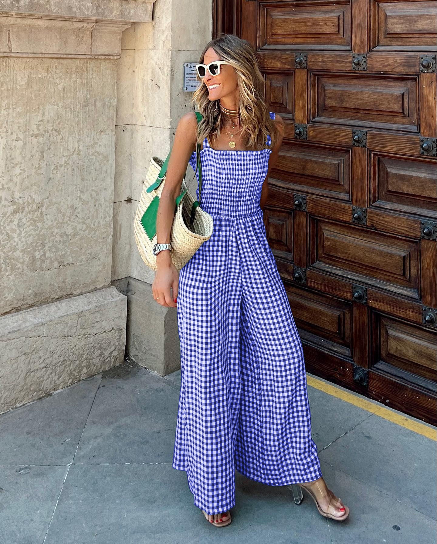 Checked Side Pocket Wide-Leg Trousers Casual Jumpsuit