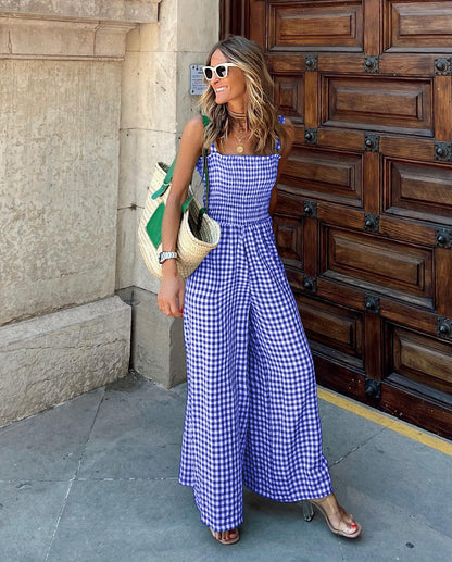 Checked Side Pocket Wide-Leg Trousers Casual Jumpsuit