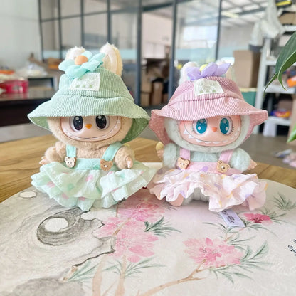 For 17cm labubu doll clothes wrinkled skirt flower hairpin set fisherman hat labubu clothes ropa labubu