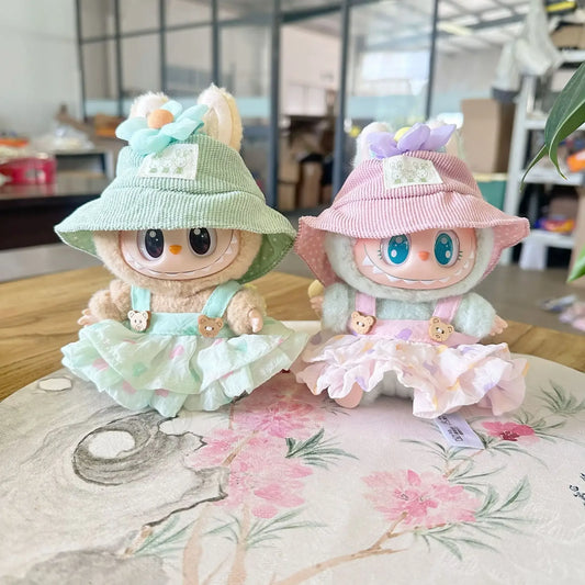 For 17cm labubu doll clothes wrinkled skirt flower hairpin set fisherman hat labubu clothes ropa labubu