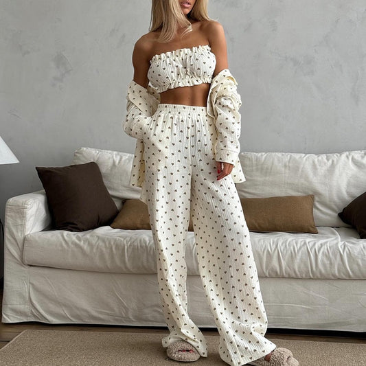 Heart Printing Cotton Pajamas Women's Long-sleeved Tube Top Trousers