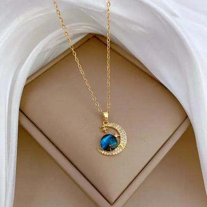 Exquisite Starry Sky Planet Light Necklace - Luxurious Stainless Steel Clavicle Chain with Stars And Moon Design for Versatile S