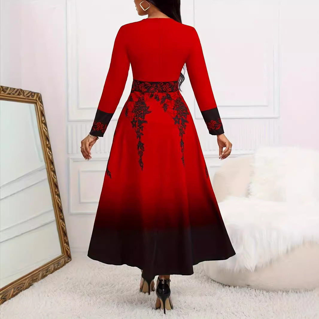 Women's Long Sleeve High Waist Print Gradient Large Swing Dress