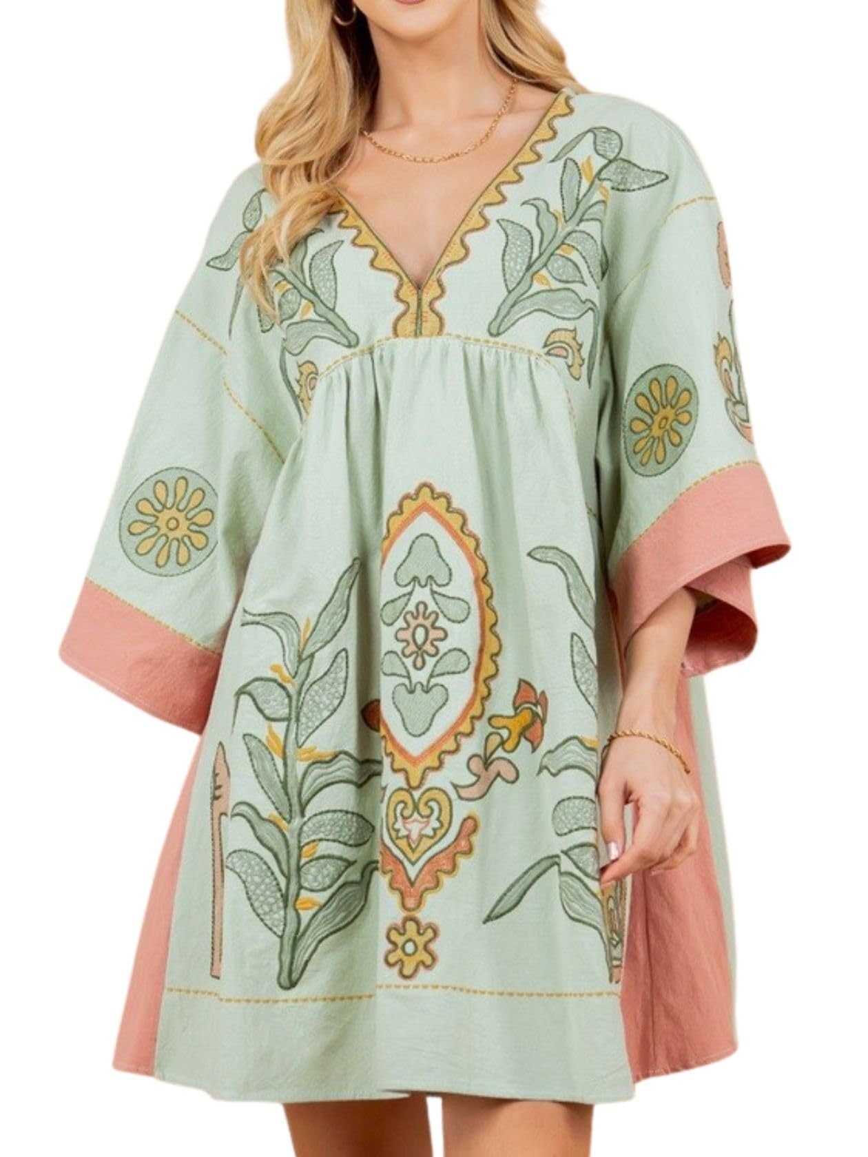 Women's Floral Printed 34 Sleeves V-neck Dress