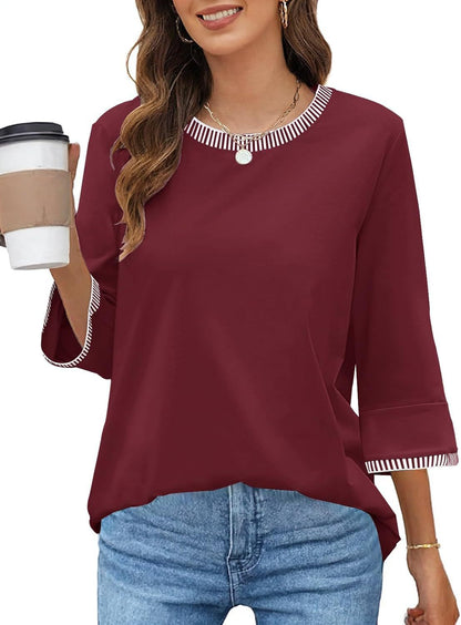 Women's Contrast Color Thread Round Neck Top Solid Color