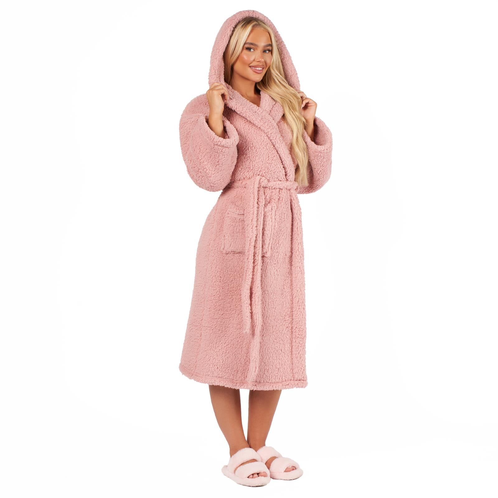 Teddy Fleece Long Dressing Gown Ladies Warm House Coat Hooded Long Cosy Robe