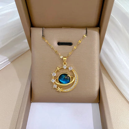Exquisite Starry Sky Planet Light Necklace - Luxurious Stainless Steel Clavicle Chain with Stars And Moon Design for Versatile S