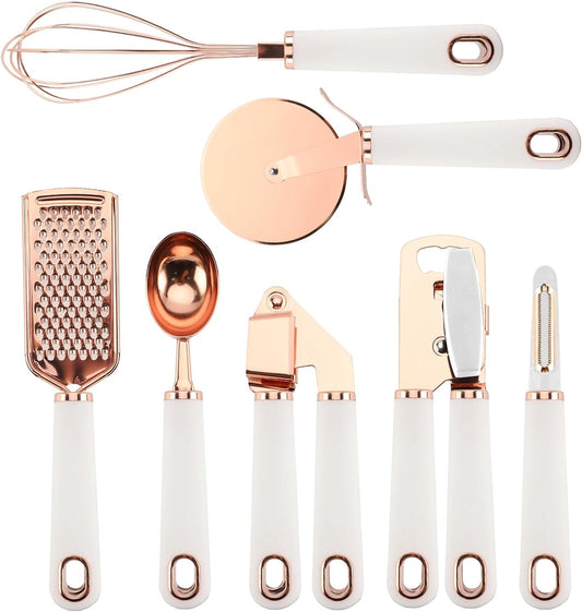 Stainless Steel Kitchen Utensil Set with Soft Touch Handles, 7-Piece Copper and White Collection