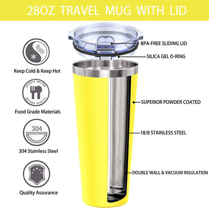 Stainless Steel Tumbler 28Oz Insulated Travel Tumbler Coffee Cup, Double Wall Travel Mug with Splash Proof Lid, Powder Coated Coffee Tumbler for Home, Office, Travel, Party(Lemon Yellow)