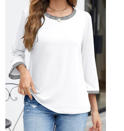 Women's Contrast Color Thread Round Neck Top Solid Color