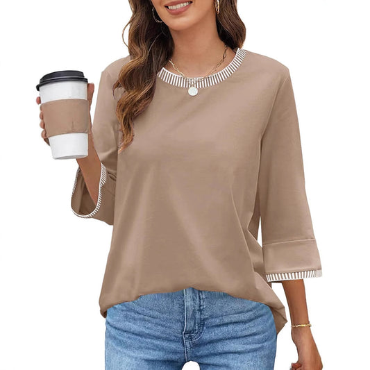 Women's Contrast Color Thread Round Neck Top Solid Color