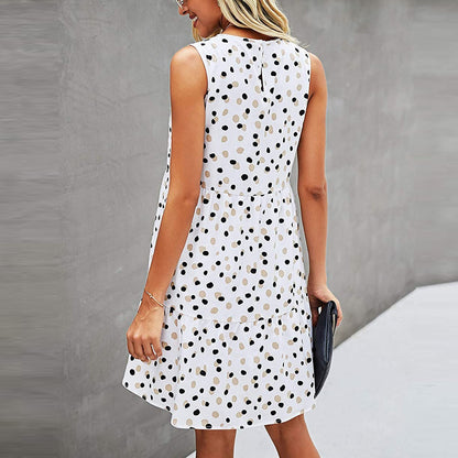 Women Summer Dot Print Sleeveless Loose Swing T-Shirt Dress With Pocket Casual Tank Mini Dresses Sundress