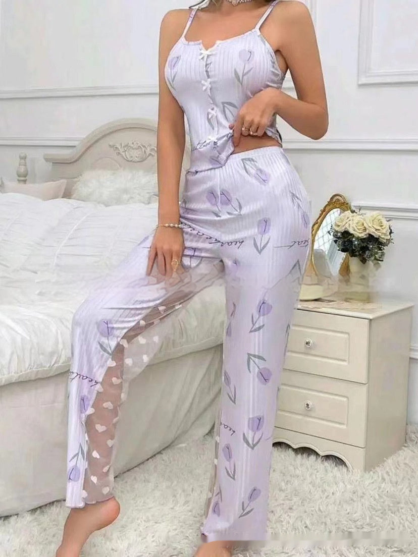 Printed Color Contrast Patchwork Pajamas Front Split Sling